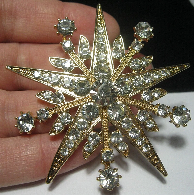 Art Deco Style Large CRYSTAL Gold STAR BROOCH Shawl Pin Jewellery