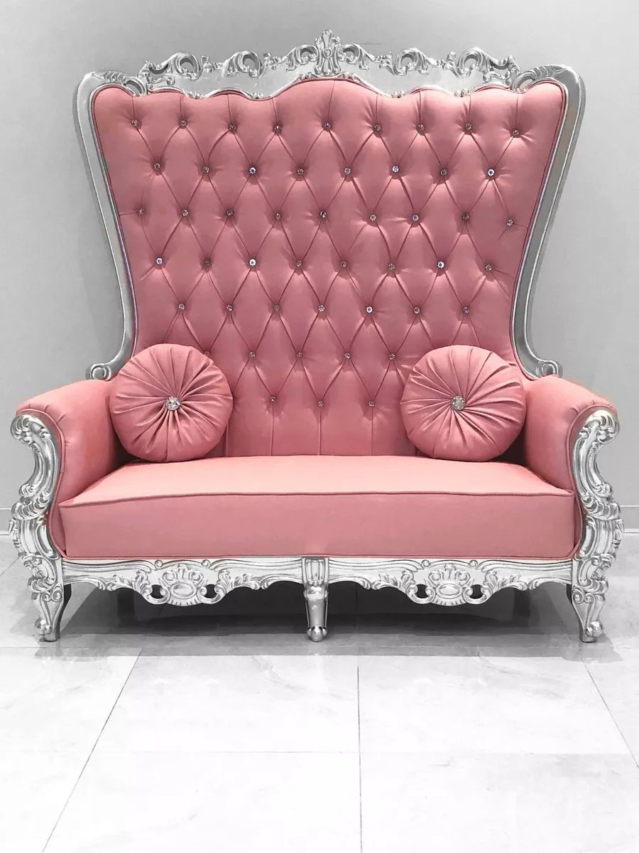 Double High Back Chair Queen Throne in Pink Leather Silver Frame