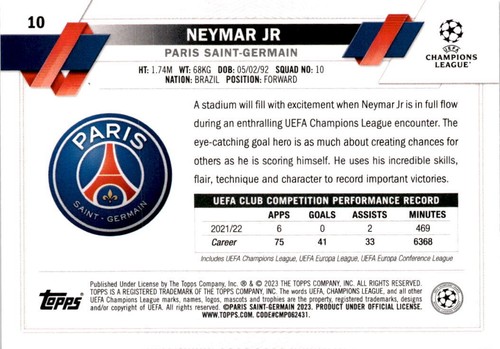 2022-23 Topps UEFA Club Competitions #10 Neymar Jr Starball Foil - Picture 2 of 2
