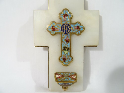 Antiguo Pila de Agua Bendita en Cristal Cloisonnes Mármol Esmalte Stoup Católico - Imagen 3 de 10