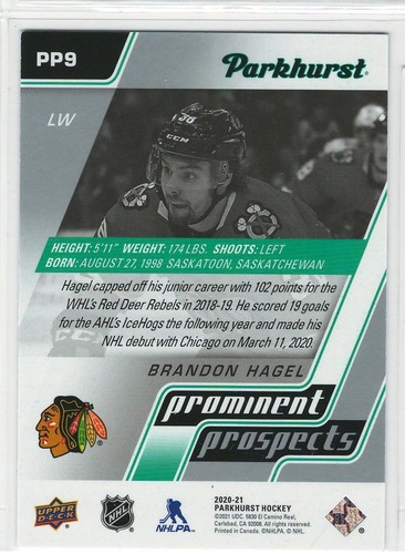 Brandon Hagel 2020-21 Parkhurst Hockey #PP9 Prominent Prospects Foil Blackhawks - Picture 2 of 2