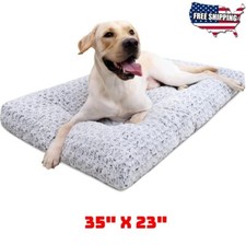 Washable Plush Dog Bed   Soft Crate Pad with Anti-Slip Bottom, 35" x 23", Gray