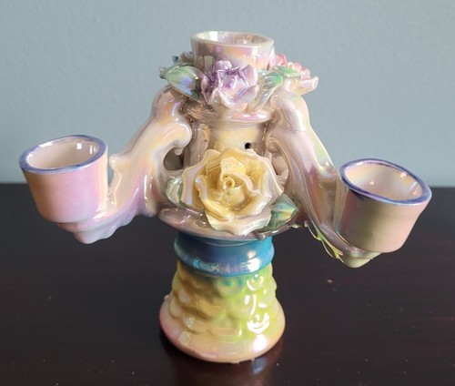 Candelabro de colección Lusterware iridiscente arco iris rosa flor 4 esmaltado - Imagen 3 de 21