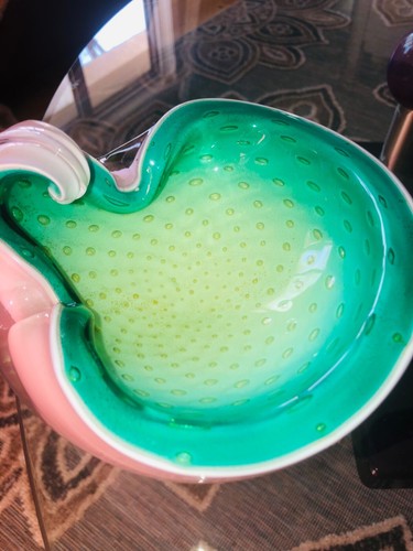Alfredo Barbini Pulegoso Murano Art Glass,RARE Pink Green,Spec Bubbles 50's Bowl - Imagen 10 de 17