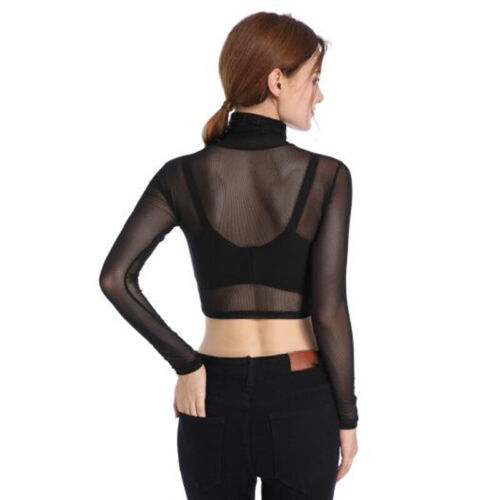 Lady Sheer Mesh See Through T-Shirt Blouse Crop Tops High Neck Long Sleeve Slim - Picture 4 of 8