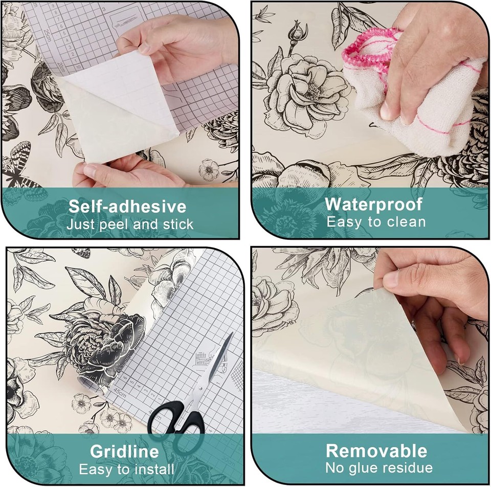 Arthome Peel and Stick Wallpaper Self Adhesive Floral 17"x120", Black