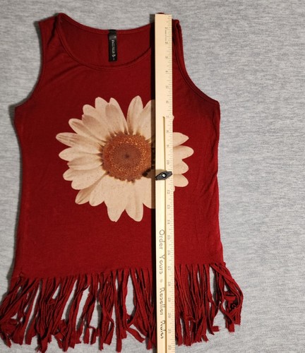 Full Tilt, Burgundy Red Tank Top w Daisy Flower & Fringe, Girl's Size Small. - Picture 5 of 11