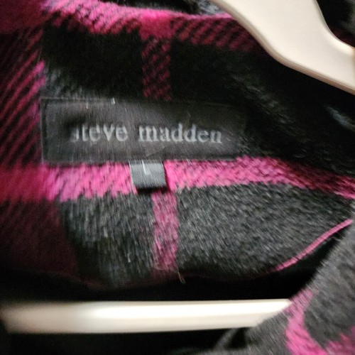 Steve Madden Button w/Belt Wool Blend Coat Pink Black Plaid - Picture 7 of 9