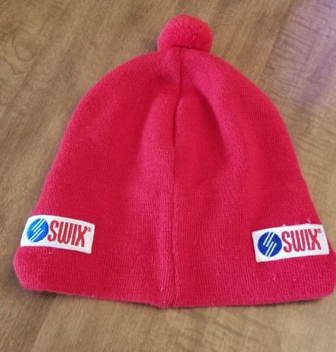 Vintage Swix Red Ski Cap Knit Beanie Hat Biathlon Cross Country Pom Pom Free Shp - Picture 5 of 7