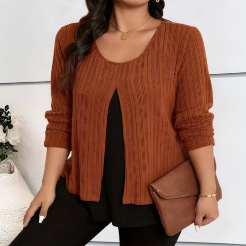 Plus Size Womens Colorblock Long Sleeve Pullover T-shirt Ladies Casual Short Top - Picture 18 of 20