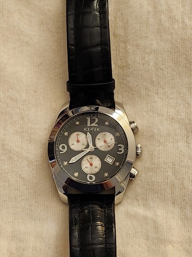 Ice-Tek Mens Chronograph Black Dial with 8 Diamonds Leather Band RD01/200014 - Picture 16 of 24