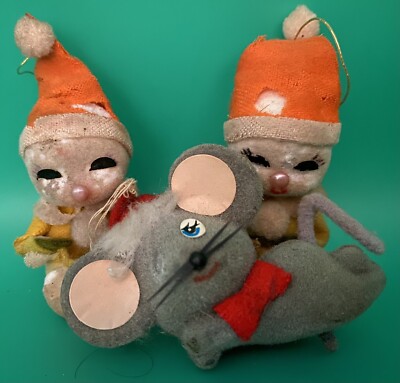 2 Rare Vintage Flocked Felt & Styrofoam Pixies/Elves &  1 Mouse, 50 /60 s, Japan