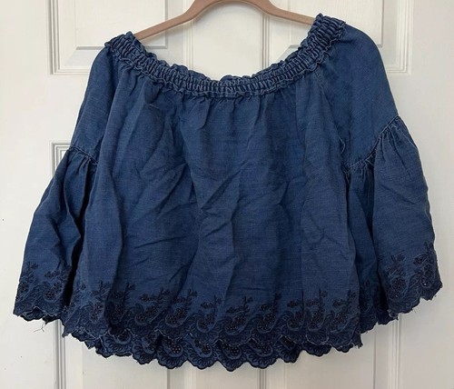 Camicia boho contadina blu American Eagle Chambray top spalle scoperte taglia XS - Foto 2 di 20