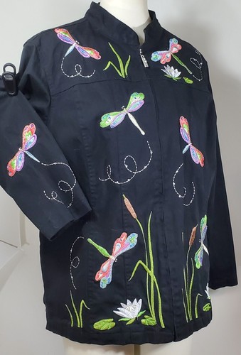 Quaker Factory Jacket -Size 1X - Black w/ Embroidered Dragonflies - Pockets - Picture 13 of 15