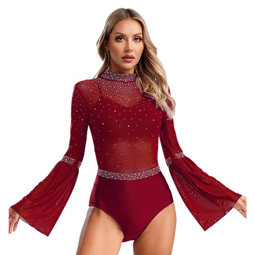 Womens Sheer Mesh Patchwork Leotard Rhinestone Bodysuit Dancewear Gymnastics - Picture 41 of 82