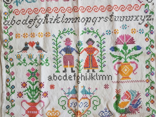 Vintage Reinleinen Linen Tea Towel Cross Stitch Look Wall Hanging Germany 80's - 第 4/9 張圖片