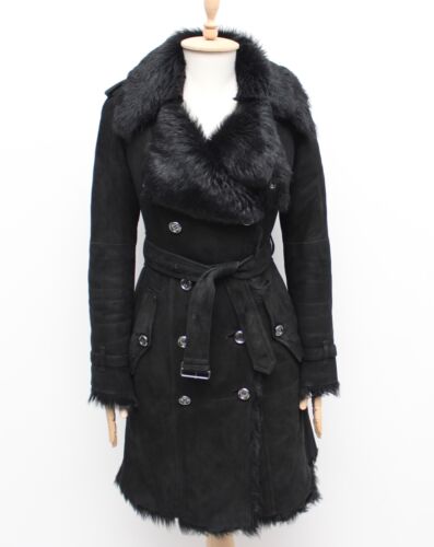 Women's BURBERRY London Shearling Fur Lambskin Leather Trench Coat Black US4 XS