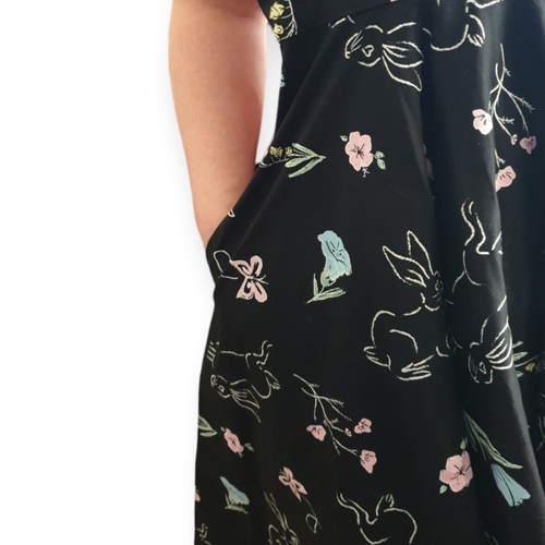 Hell Bunny Dress Womens Size 8 Black with Floral Bunny Print 50's Retro Party - Picture 3 of 8