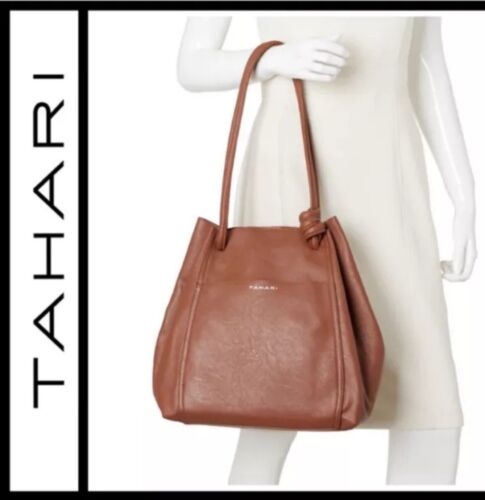 NEW TAHARI Cognac Drawstring Tote + Matching Detachable Zip Pouch NWT $99 MSRP ! - Picture 4 of 13