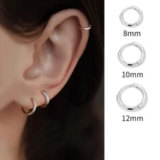 A Pair 925 Silver Plain Round Hinged Huggie Hoop Ear Earrings Women Girl PE49
