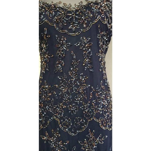 Pisarro Nights Beaded Short Mesh Sheath Gown Evening Dress Dark Blue Size 4 - Picture 2 of 5