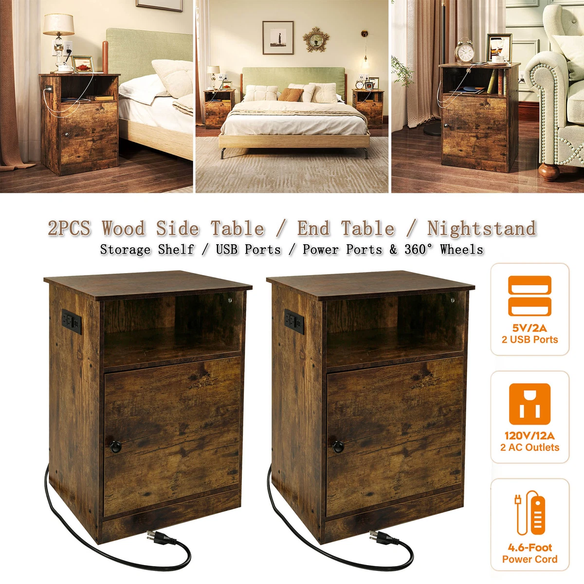Nightstand set of 2 with usb charging sale ports