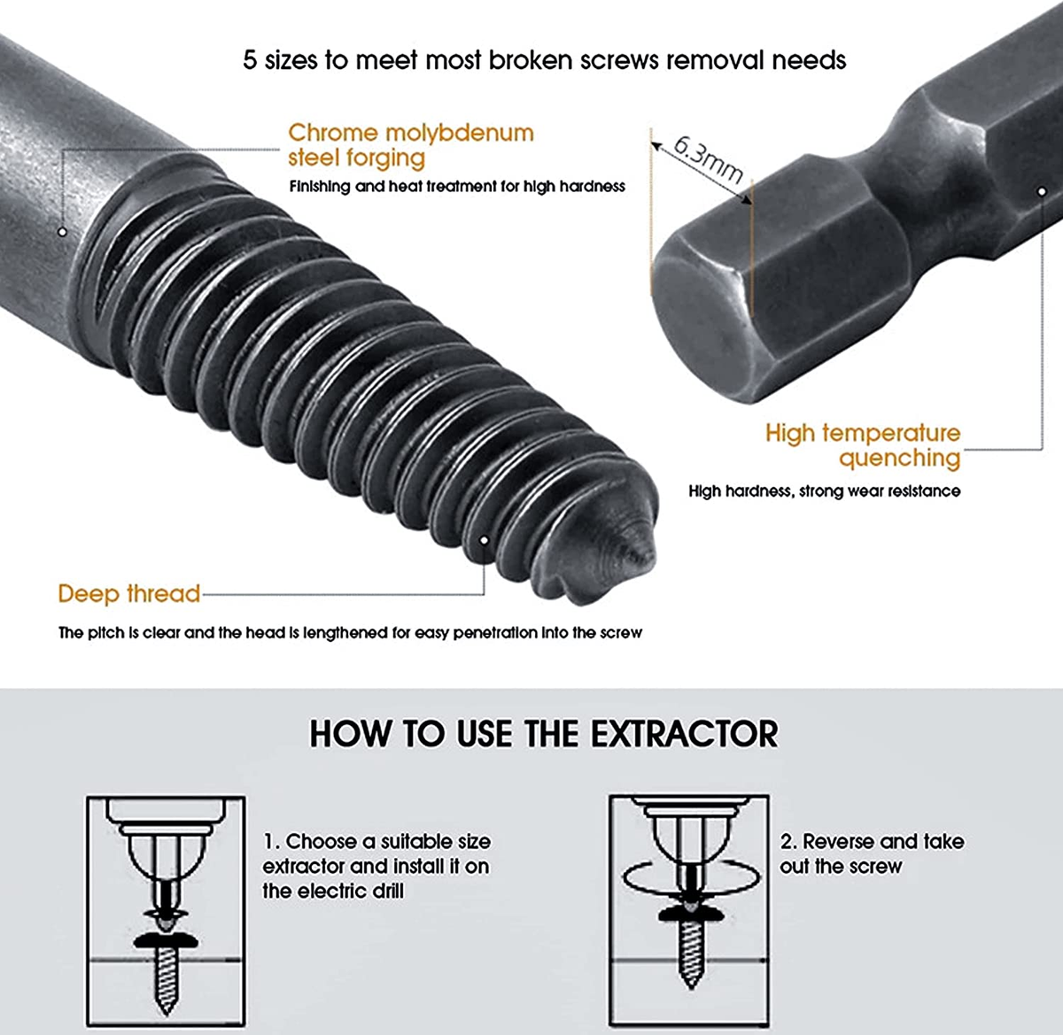 BuyWeek Extractor De Tornillos 5 Piezas – Juego De 5 Tamaños Para Pernos Dañados O Rotos, Tipo Cuadrado, Acero Al Carbono