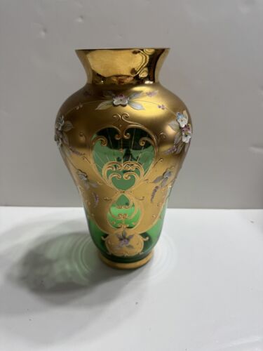 10” Bohemian Czech Ornate Glass Vase w/ Raised Flowers & Gold Leafing - Picture 2 of 16