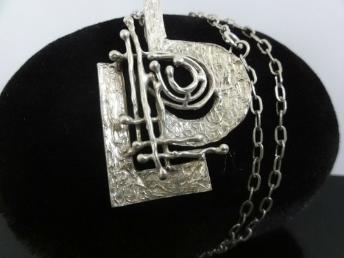 MID CENTURY MODERNIST BRUTALIST DESIGN 835 SILVER PENDANT CHAIN NECKLACE - Picture 2 of 9