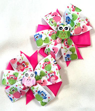 Beautiful Colorful Owls inspired set of pigtail hair bows for girls.