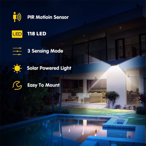 Solar Powered 118 LED Wall Lights PIR Outdoor Security Lamp Garden Motion Sensor - Picture 10 of 13