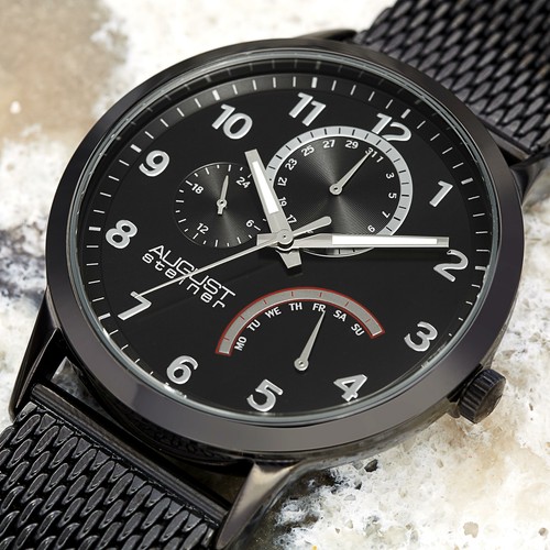 Men's August Steiner AS8230BK 24 Hour Indicator Date Steel Mesh Bracelet Watch - Picture 1 of 9