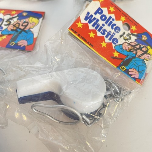 Lot of 5 Vintage Police Whistle Toys w/ Chains Blue Hong Kong NEW - Picture 3 of 5