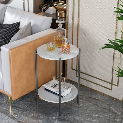 Marble Round Coffee Table Open Storage Shelf 2-Tiers End Side Table Nightstand - Picture 4 of 14