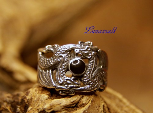 Drachenring Silberring  mit  Onyx Edelstein 925 Sterlingsilber Ring - Bild 1 von 4