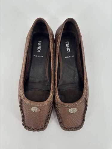 Fendi Selleria Loafers Womens 37 Brown Pebbled Leather Square Toe Slip On - Picture 2 of 11