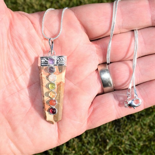 CHARGED 7 Chakra Leopardskin Jaguar Jasper Crystal Pendant + 20" Chain - Picture 5 of 9