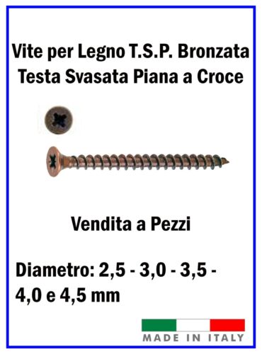 Viti per Legno TSP Bronzata Testa Svasata Piana Misure 2,5 3,0 3,5 4,0 e 4,5 mm - Foto 2 di 2