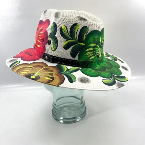 Mexico Artisanal Floral Handmade Hand Painted Beach Vacation White Women's Hat M - Picture 3 of 14