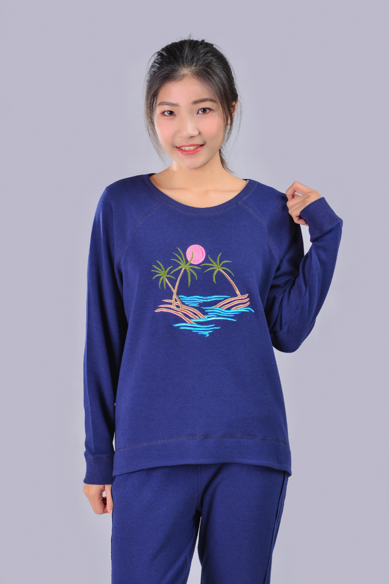 Women s Embroidered Blue Sweater Top Sweatpants Soft Fleece Top and Jogger Set eBay