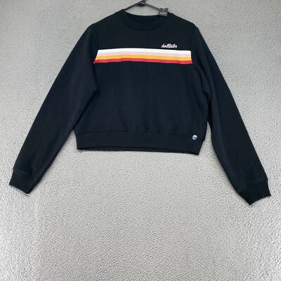 Hollister Sweater Womens Large Cropped Sweatshirt Pullover Rainbow Stripe  Black