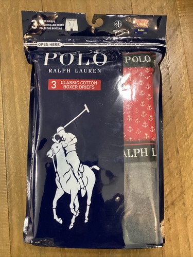 POLO RALPH LAUREN 3PK CLASSIC COTTON BRIEFS BOY L(14-16)GRAY/BLACK/RED W/ANCHORS - Picture 2 of 5