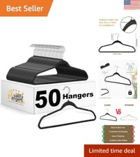 50-Pack Slim Black Plastic Hangers with 360° Swivel Chrome Hook - Heavy Duty