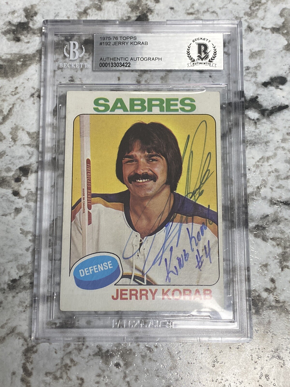 Jerry Korab Hand-Signed Autographed 1975-76 Topps Buffalo Sabres #192 BAS SLAB