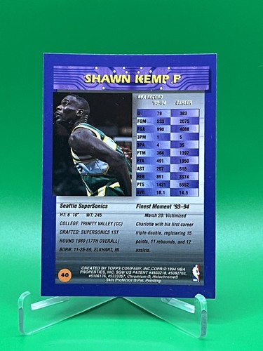 1994 Topps Finest Basketball Shawn Kemp #40 Sonics con recubrimiento protector - Imagen 2 de 2