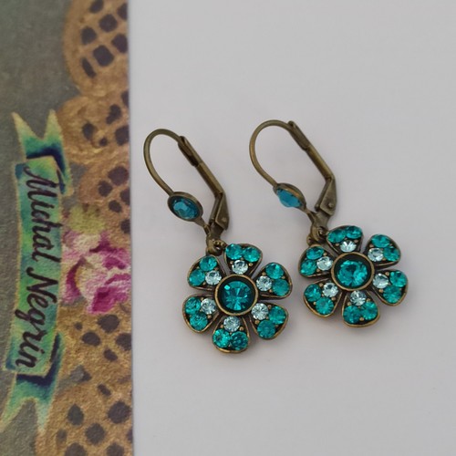 Michal Negrin Earrings Blue Bright Flower With Swarovski Crystals Turquoise New - Picture 12 of 12