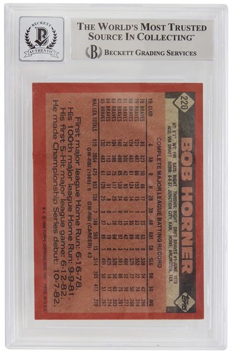 Bob Horner Signed Atlanta Braves 1986 Topps Card #220 -(Beckett - Auto Grade 10) - Picture 2 of 2