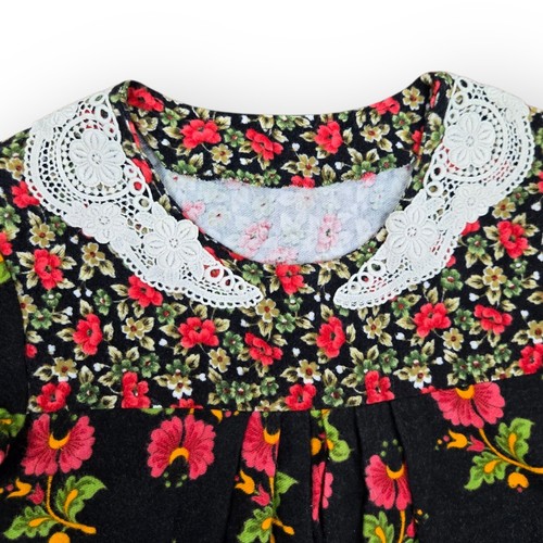 Handmade 70s Vintage Floral Dress Girls Red Lace Trim Size 12, 18"Wx42"L Pocket - Picture 7 of 11