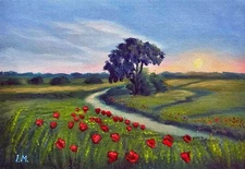 Sunset Field Oil Painting Summer Landscape with Path, Tree & Red Poppies