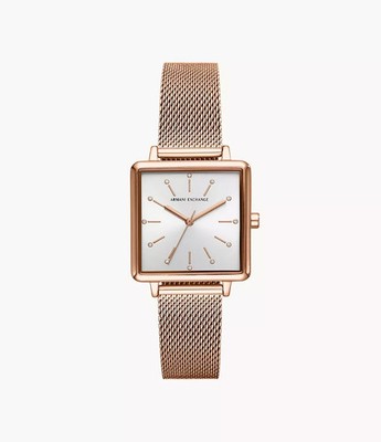 Armani Exchange AX5802 DAMEN Dreizeiger roségoldfarbener Stahl quadratisch Uhr
